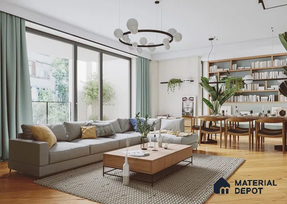 a kitchen with marble counter tops and wooden cabinetry, along with an island in the middle of the middle of the island with stairs leading to shop & more counter top space to an island in the middle of